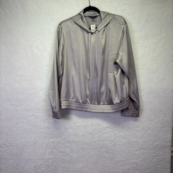Express Shiny Satin Hoodie Pullover Size XL Silver Metallic Drawstring - Picture 2 of 8